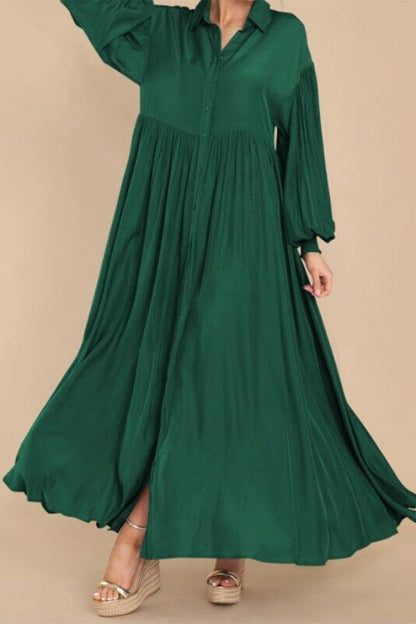 Vestido camisero informal vintage liso con cuello vuelto y pliegues