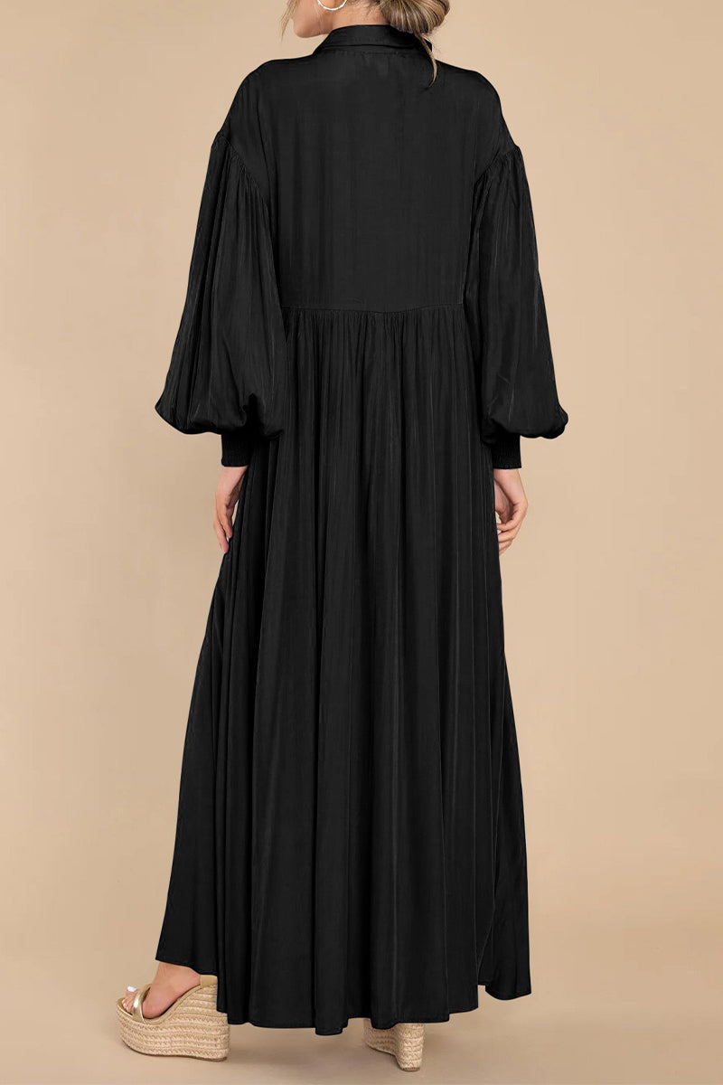 Vestido camisero informal vintage liso con cuello vuelto y pliegues