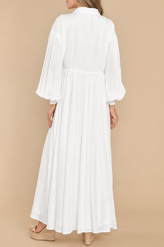 Vestido camisero informal vintage liso con cuello vuelto y pliegues