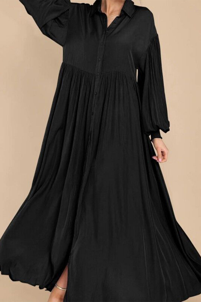 Vestido camisero informal vintage liso con cuello vuelto y pliegues