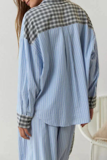 Casual Living Patchwork Basic Turndown Collar Long Sleeve Two Pieces