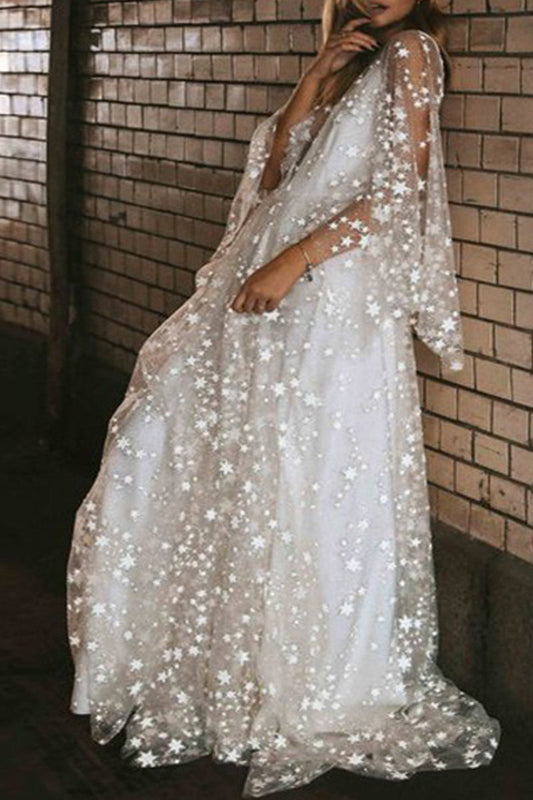 Vestido de noche con lentejuelas y cuello redondo transparente de las estrellas