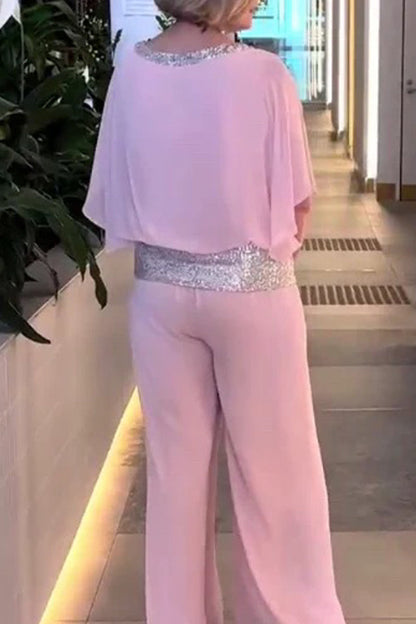 Conjunto informal de dos piezas con cuello redondo y lentejuelas lisas