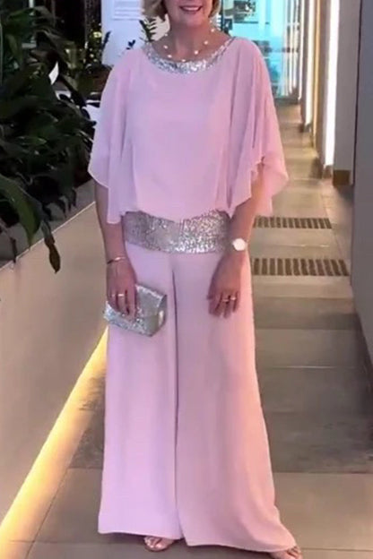 Conjunto informal de dos piezas con cuello redondo y lentejuelas lisas