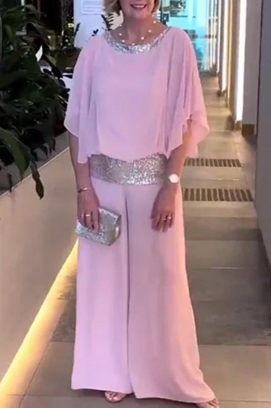 Conjunto informal de dos piezas con cuello redondo y lentejuelas lisas