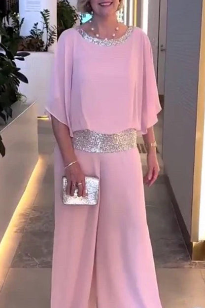Conjunto informal de dos piezas con cuello redondo y lentejuelas lisas