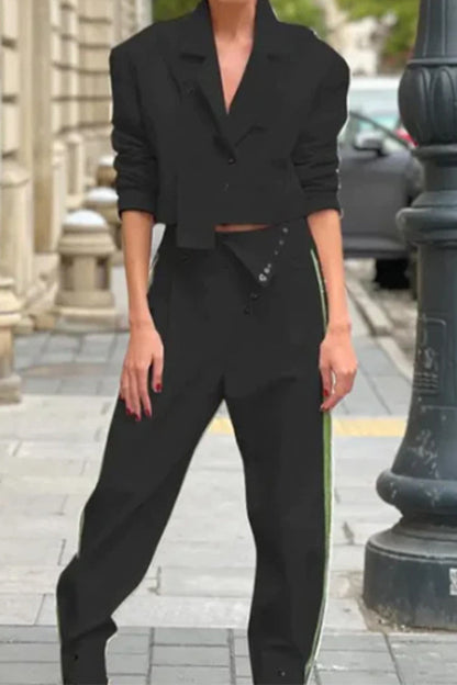 Conjunto informal de dos piezas con cuello vuelto, botones lisos, estilo británico (3 colores)