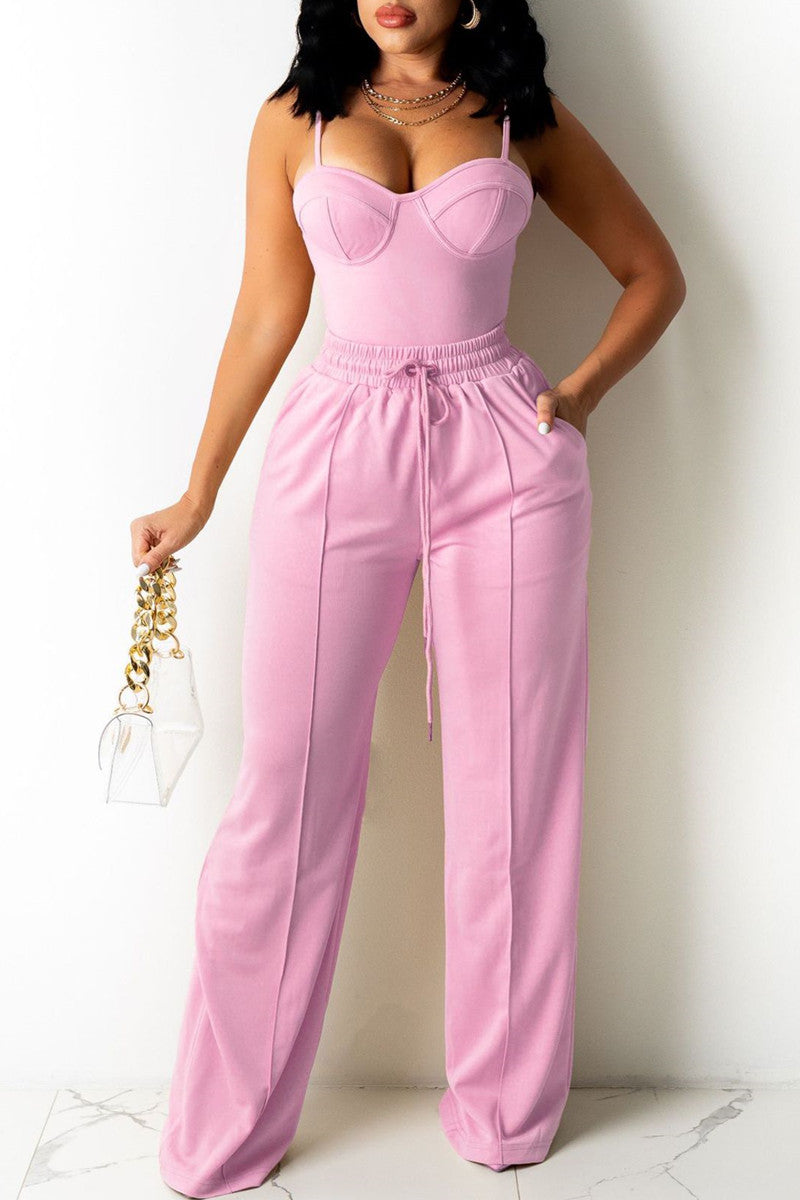 Sexy Casual Solid Vests Pants Spaghetti Strap Sleeveless Two Pieces