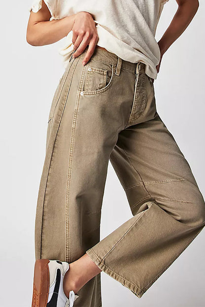 Casual Vintage Solid Pocket Without Belt Mid Waist Loose Denim Jeans(No Belt)