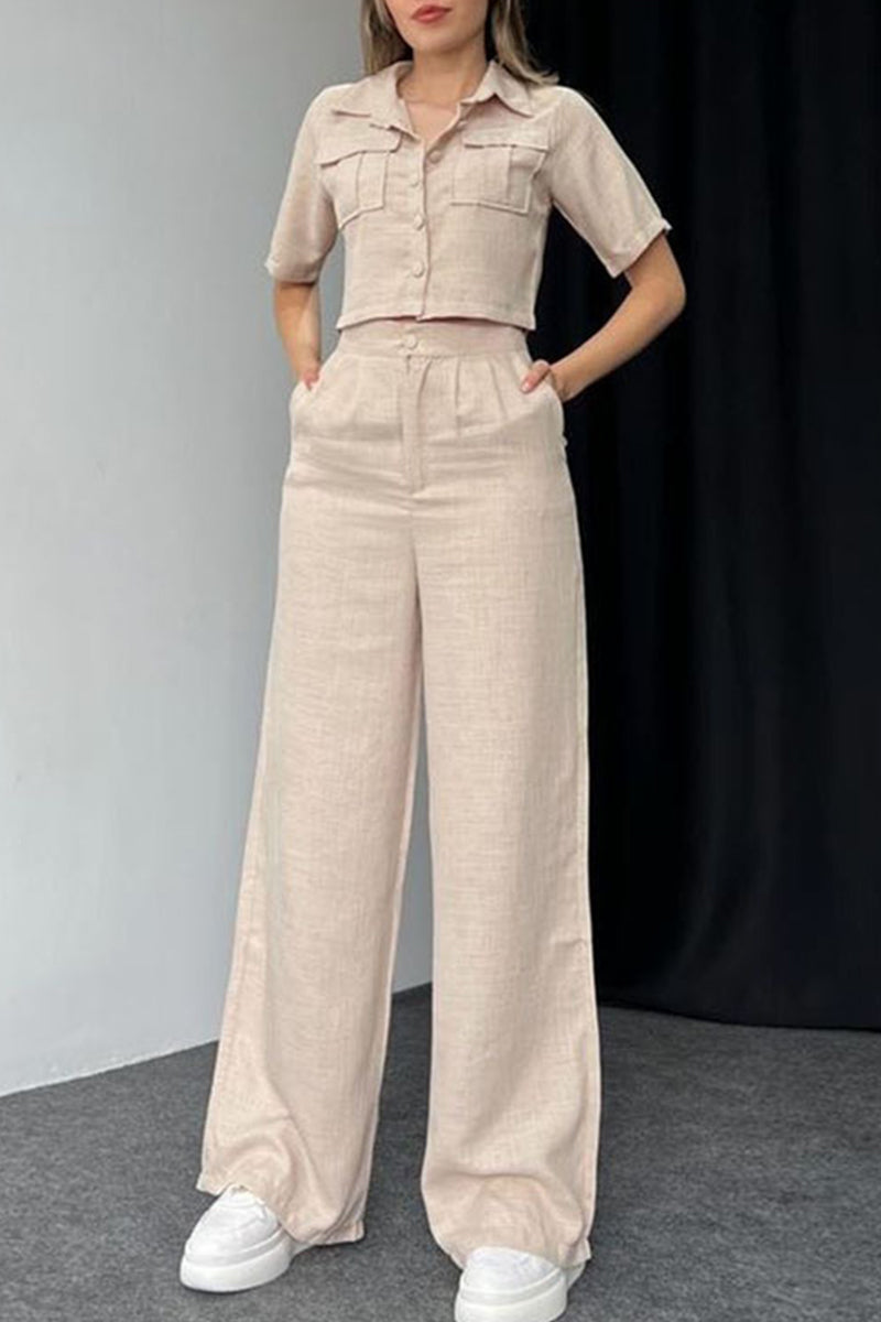 Conjunto informal de dos piezas con botones sólidos, cuello vuelto y manga corta