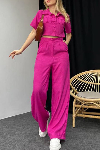 Conjunto informal de dos piezas con botones sólidos, cuello vuelto y manga corta