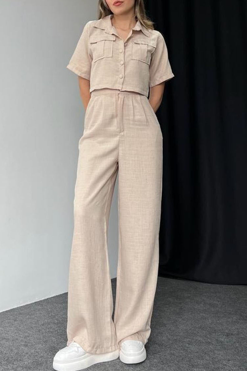 Conjunto informal de dos piezas con botones sólidos, cuello vuelto y manga corta