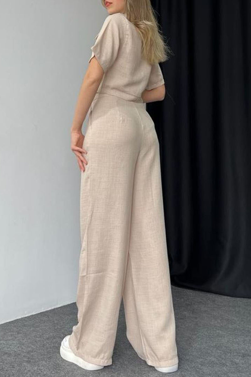 Conjunto informal de dos piezas con botones sólidos, cuello vuelto y manga corta