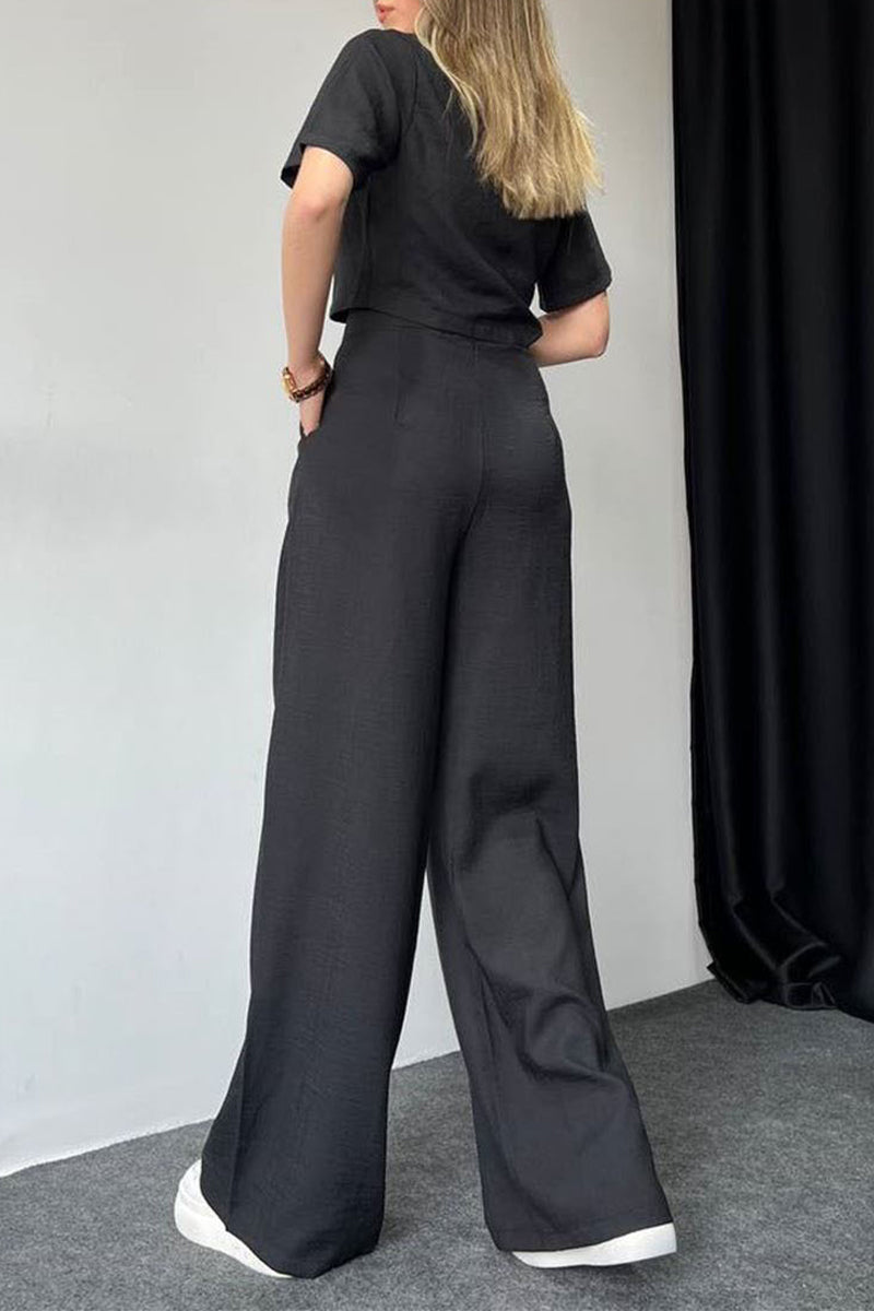 Conjunto informal de dos piezas con botones sólidos, cuello vuelto y manga corta