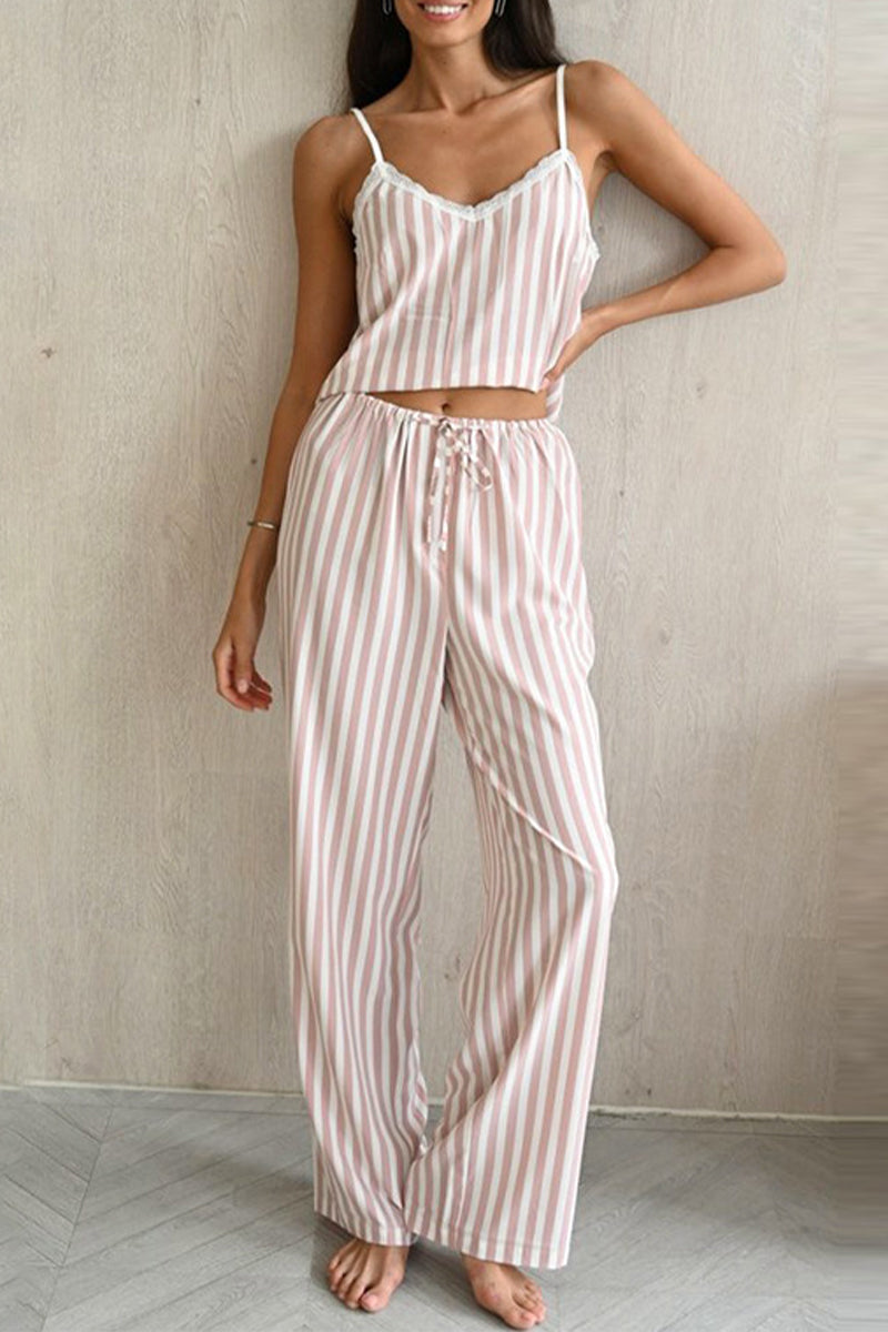 Conjunto de dos piezas sin mangas con escote en V y estampado de rayas en contraste de Sweet Living
