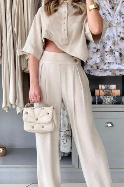 Conjunto informal de dos piezas con cuello vuelto, asimétrico, manga corta y botones sólidos para uso diario