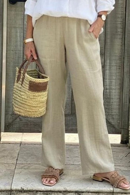 Pantalones casuales sencillos de color liso con bolsillos, sueltos y rectos