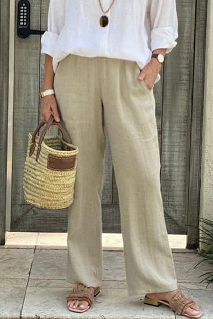 Pantalones casuales sencillos de color liso con bolsillos, sueltos y rectos