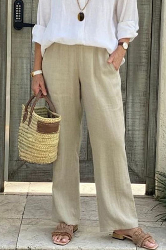 Pantalones casuales sencillos de color liso con bolsillos, sueltos y rectos