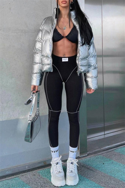 Pantalones deportivos casuales de color liso con parches ajustados de cintura alta y lápiz