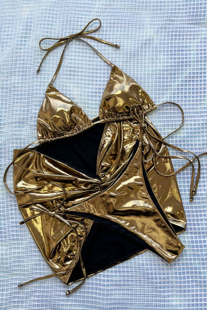 Traje de baño sexy de tres piezas con espalda descubierta y vendaje liso (con relleno)