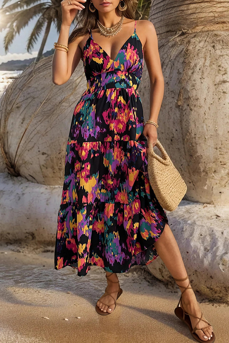 Vestido sexy con cuello en V, sin espalda y estampado