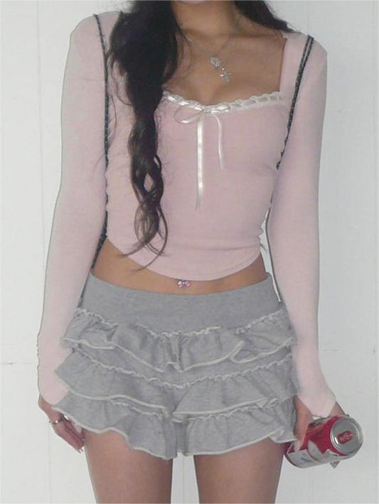 Vintage Pink Square Neck Knit Top with Lace Splice