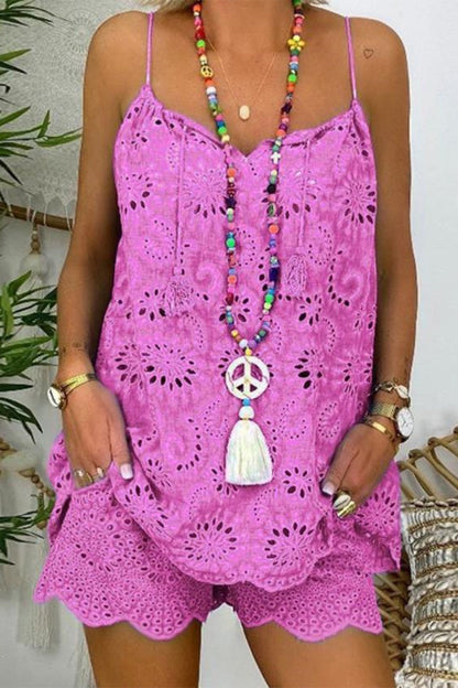 Conjunto informal de dos piezas con encaje liso, bolsillo, escote en V, sin mangas (7 colores)
