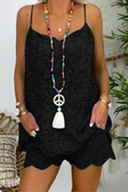 Conjunto informal de dos piezas con encaje liso, bolsillo, escote en V, sin mangas (7 colores)