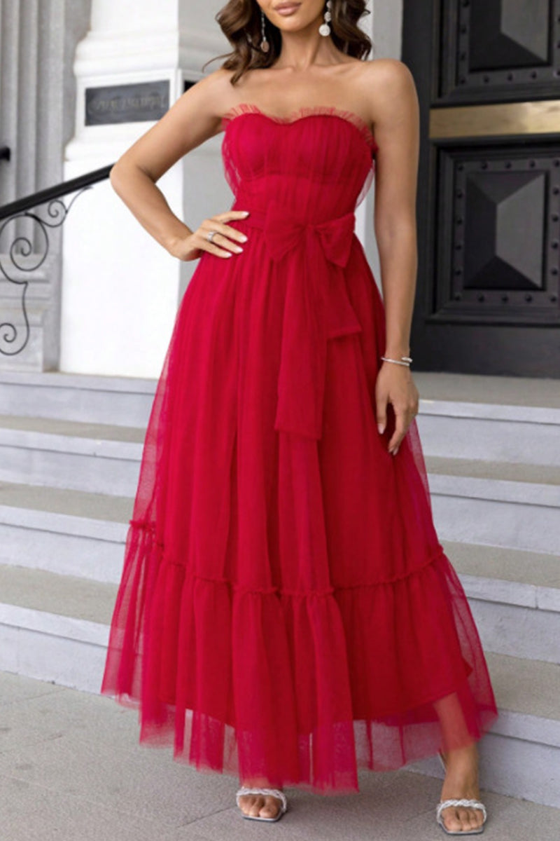 Elegante vestido de noche formal liso con volantes y lazo sin tirantes