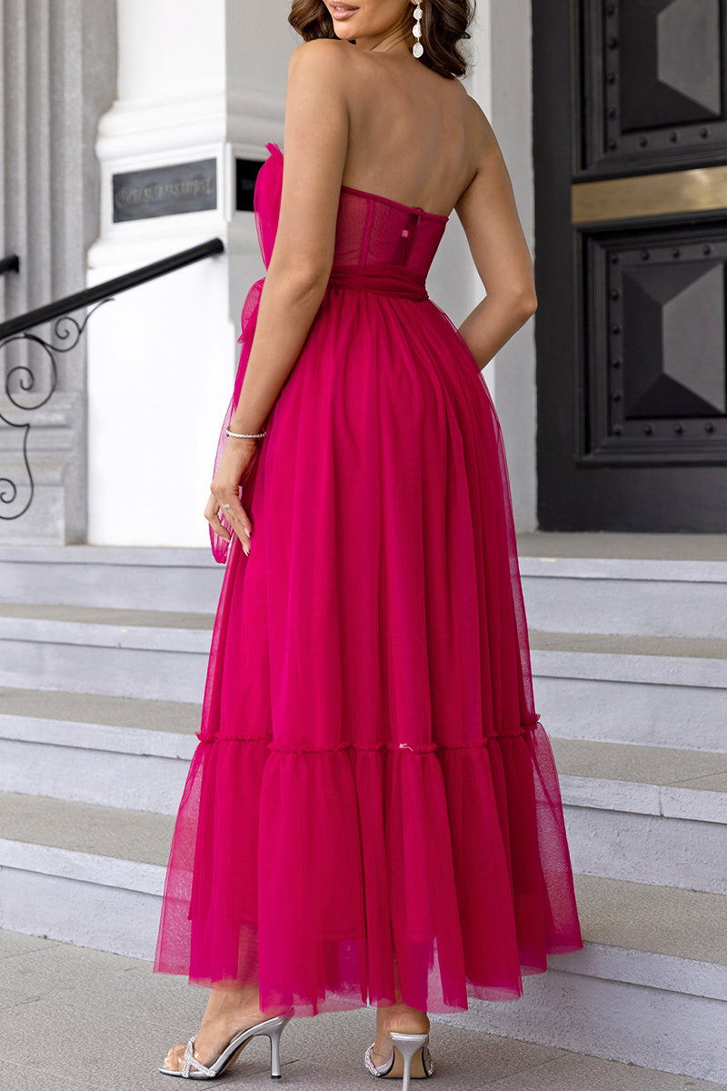 Elegante vestido de noche formal liso con volantes y lazo sin tirantes