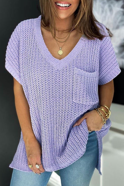 Tops casuales de cuello en V con bolsillos ahuecados y sólidos