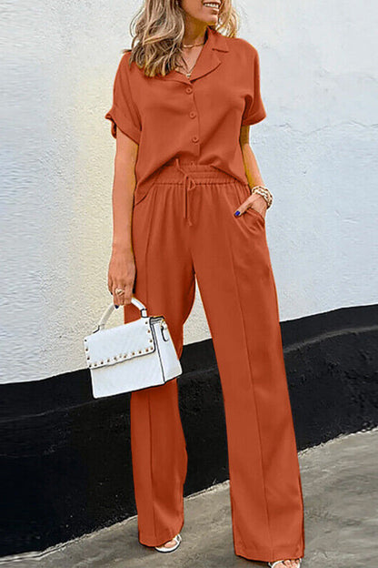 Camisa informal de dos piezas con cuello y hebilla de bolsillo liso y manga corta