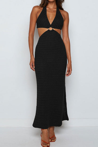 Sexy Vacation Solid Hollowed Out Frenulum Swimwears Cover Up