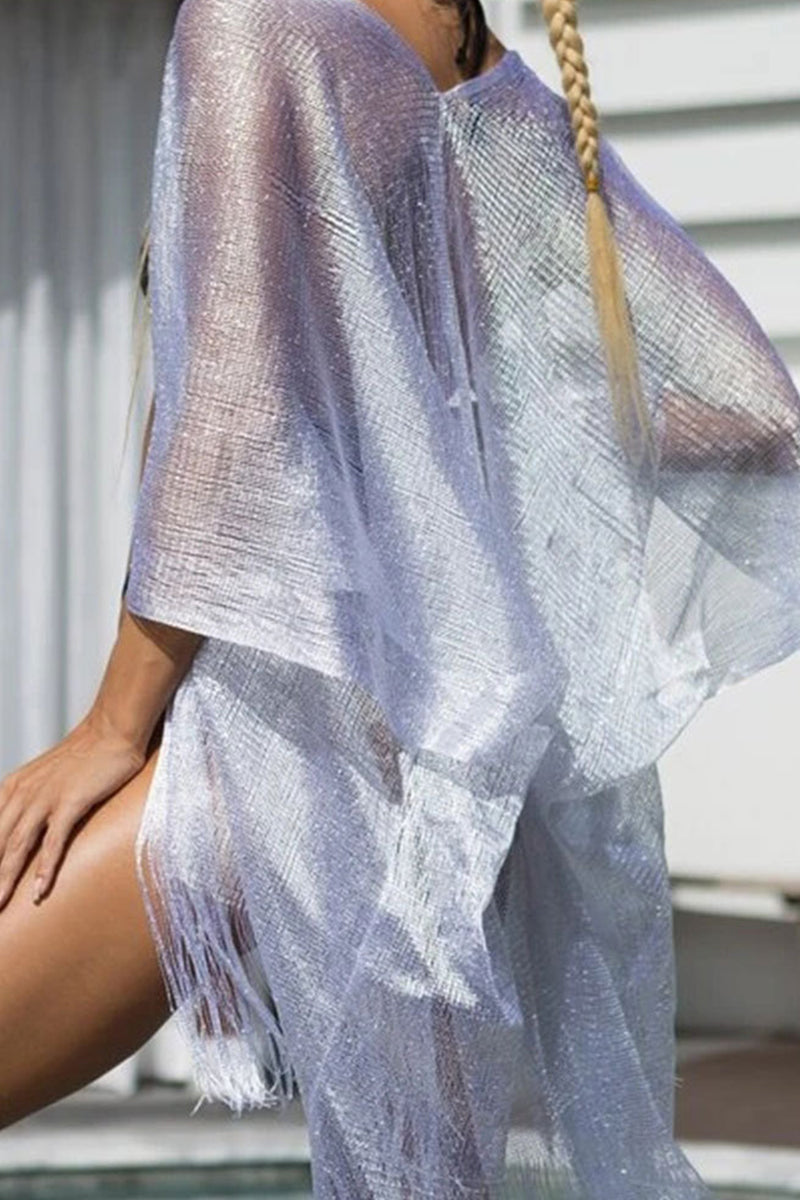 Traje de baño sexy de vacaciones con borlas sólidas y abertura con lentejuelas