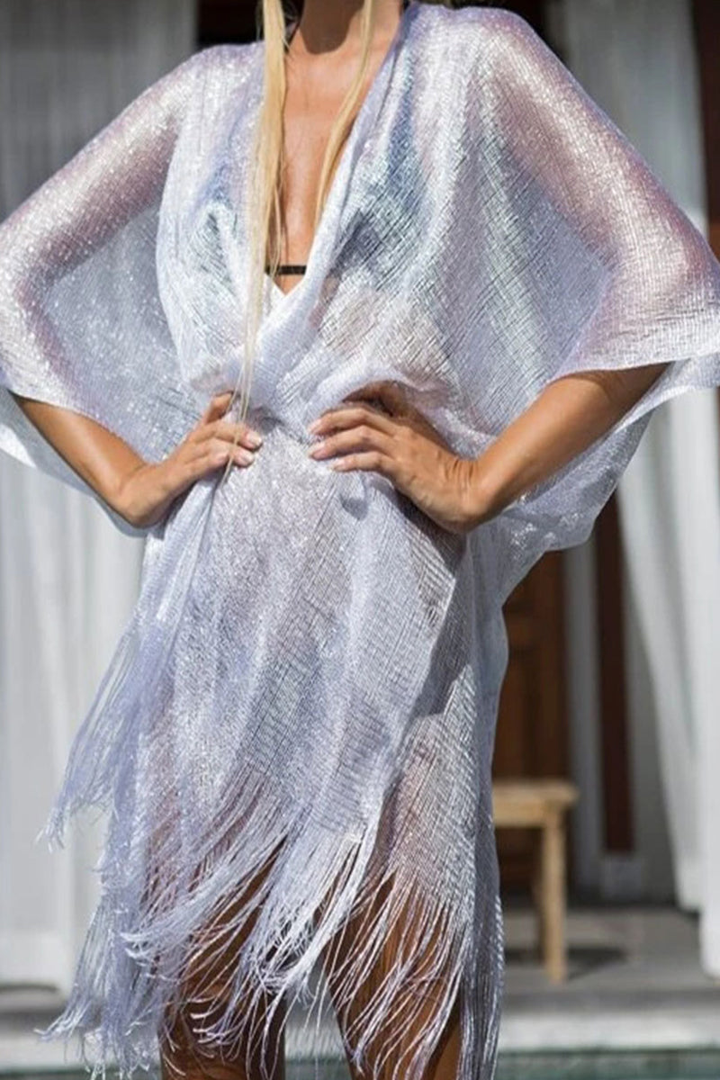 Traje de baño sexy de vacaciones con borlas sólidas y abertura con lentejuelas