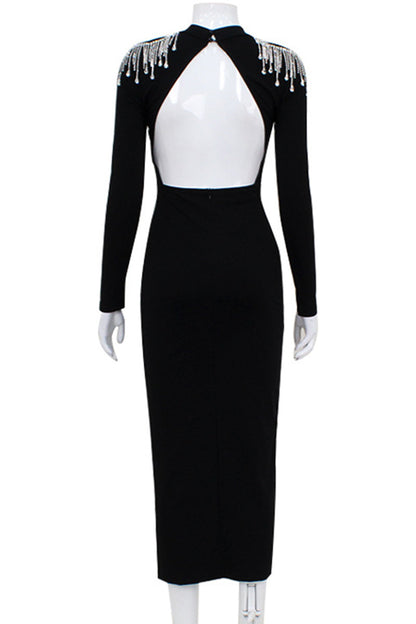 Elegant Formal Solid Backless Slit Rhinestone Half A Turtleneck Evening Dress Dresses