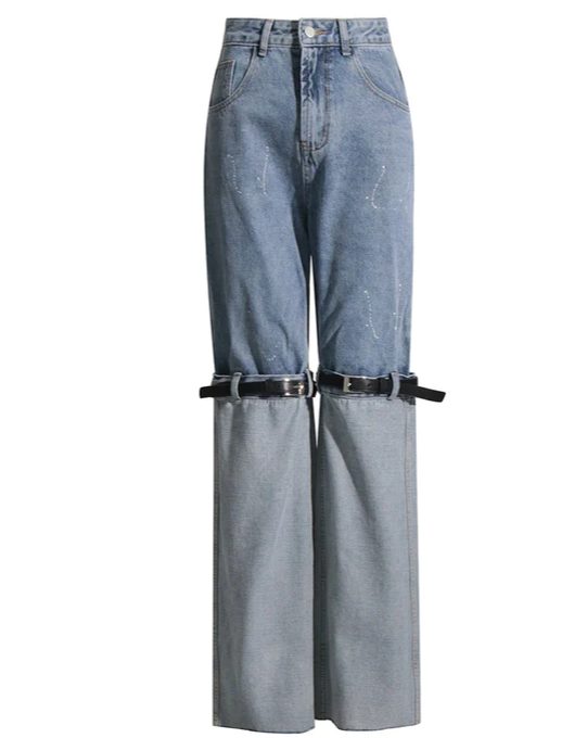 High-Rise Contrast Turn-up Straight-Leg Hybrid Jeans