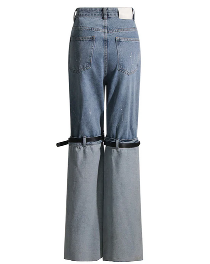 High-Rise Contrast Turn-up Straight-Leg Hybrid Jeans