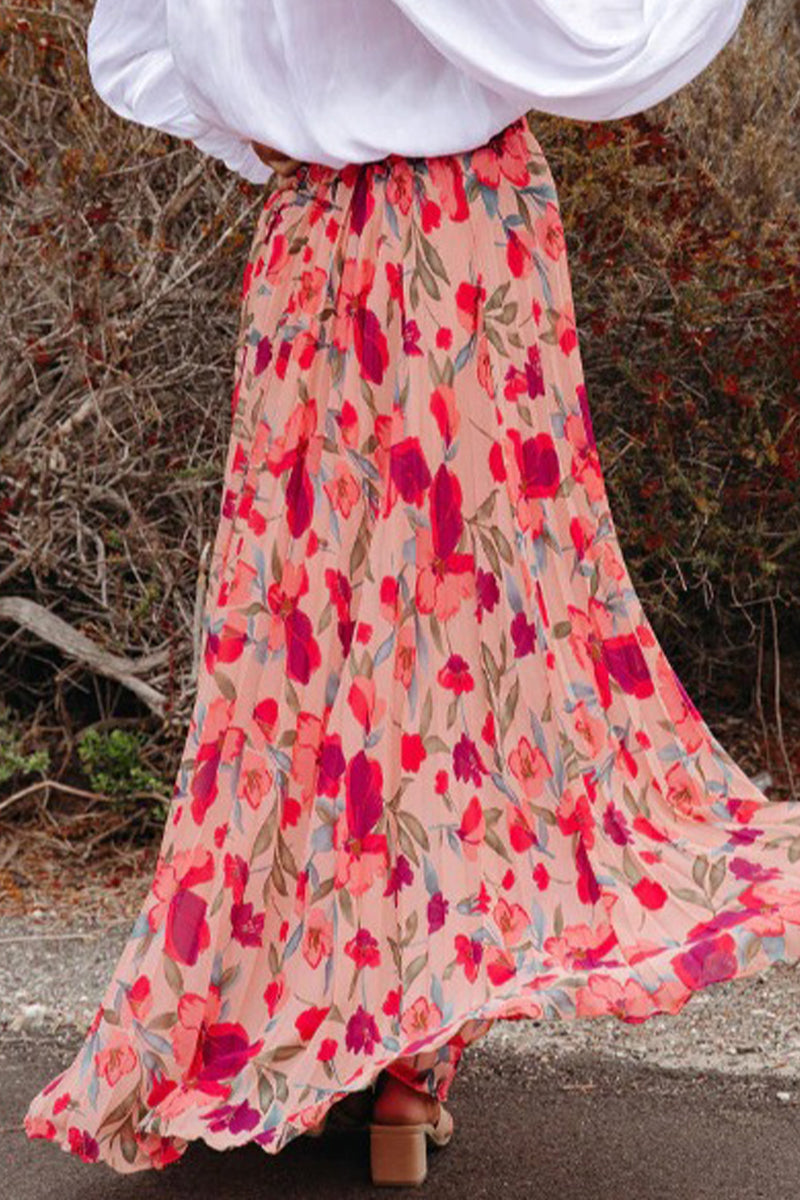 Elegante pantalón tipo A de cintura alta plisado con estampado floral