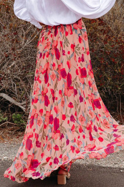 Elegante pantalón tipo A de cintura alta plisado con estampado floral