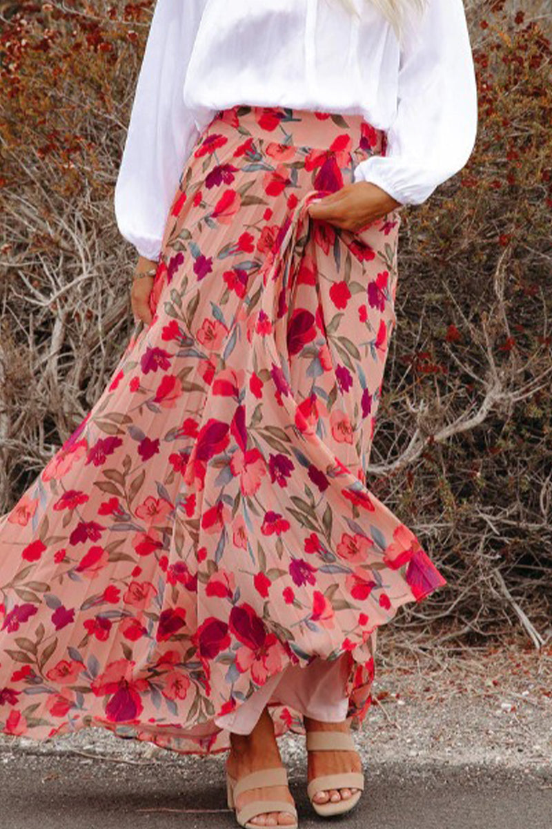 Elegante pantalón tipo A de cintura alta plisado con estampado floral