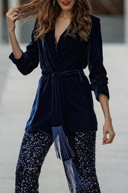 British Style Elegant Solid Bandage Frenulum Turn-back Collar Outerwear