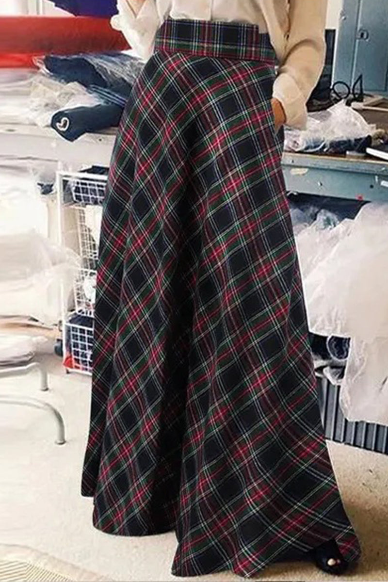 Elegante pantalón tipo A de cintura alta con estampado completo y contraste a cuadros