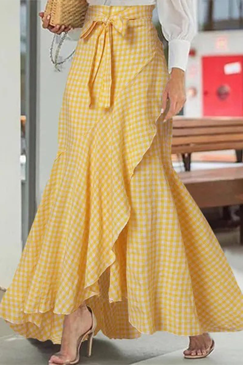 Parte inferior elegante y dulce de cintura alta con volantes a cuadros tipo A y estampado completo