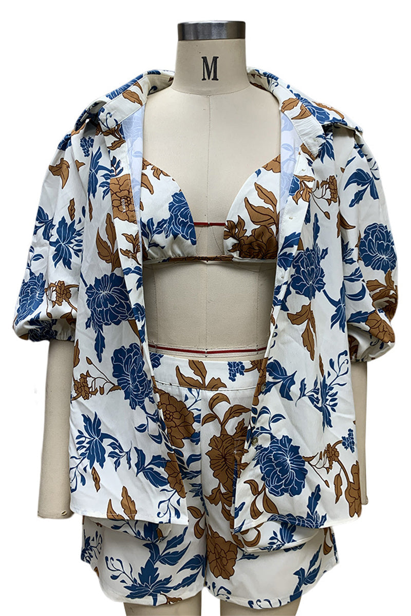 Conjunto informal de tres piezas con cuello vuelto, manga corta y bolsillo floral