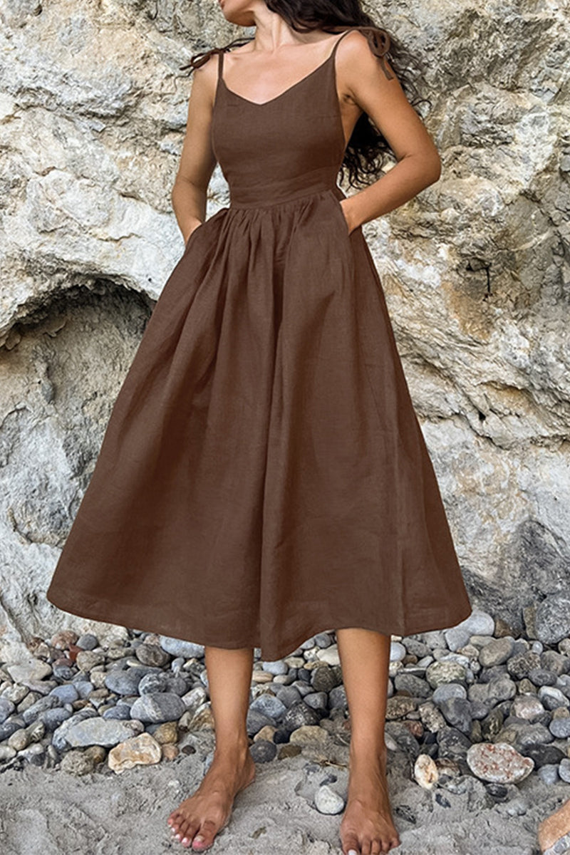 Sexy Solid Frenulum V Neck Sling Dress Dresses