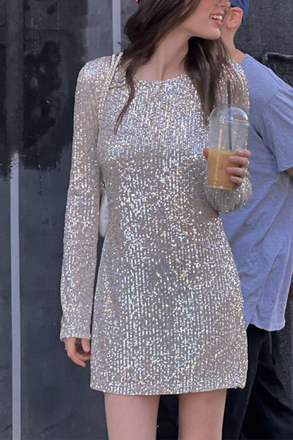 Vestidos sexis de fiesta con lentejuelas sólidas y cuello redondo con falda cruzada