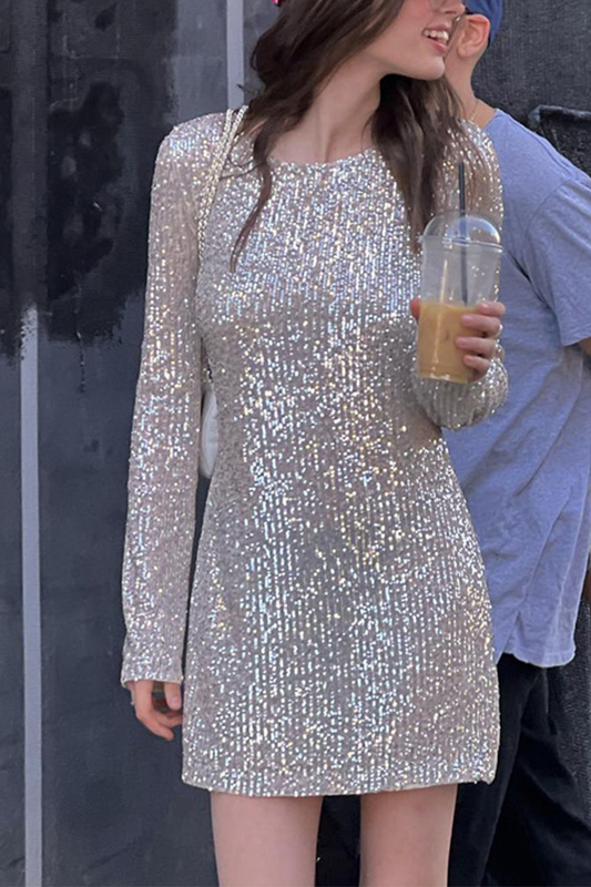 Vestidos sexis de fiesta con lentejuelas sólidas y cuello redondo con falda cruzada