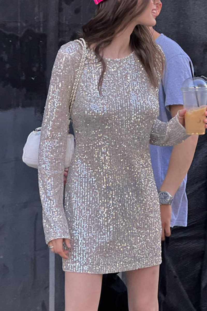 Vestidos sexis de fiesta con lentejuelas sólidas y cuello redondo con falda cruzada